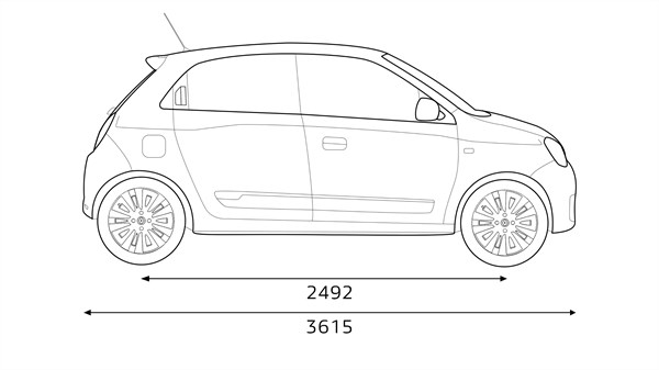 Renault TWINGO - Photo dimensions de la petite voiture citadine vue de profil